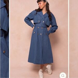 Women's Blue Double-Breasted Trench Coat